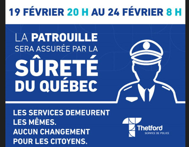 Cinq jours de desserte policière par la Sûreté du Québec à Thetford du 19 au 24 février 2023